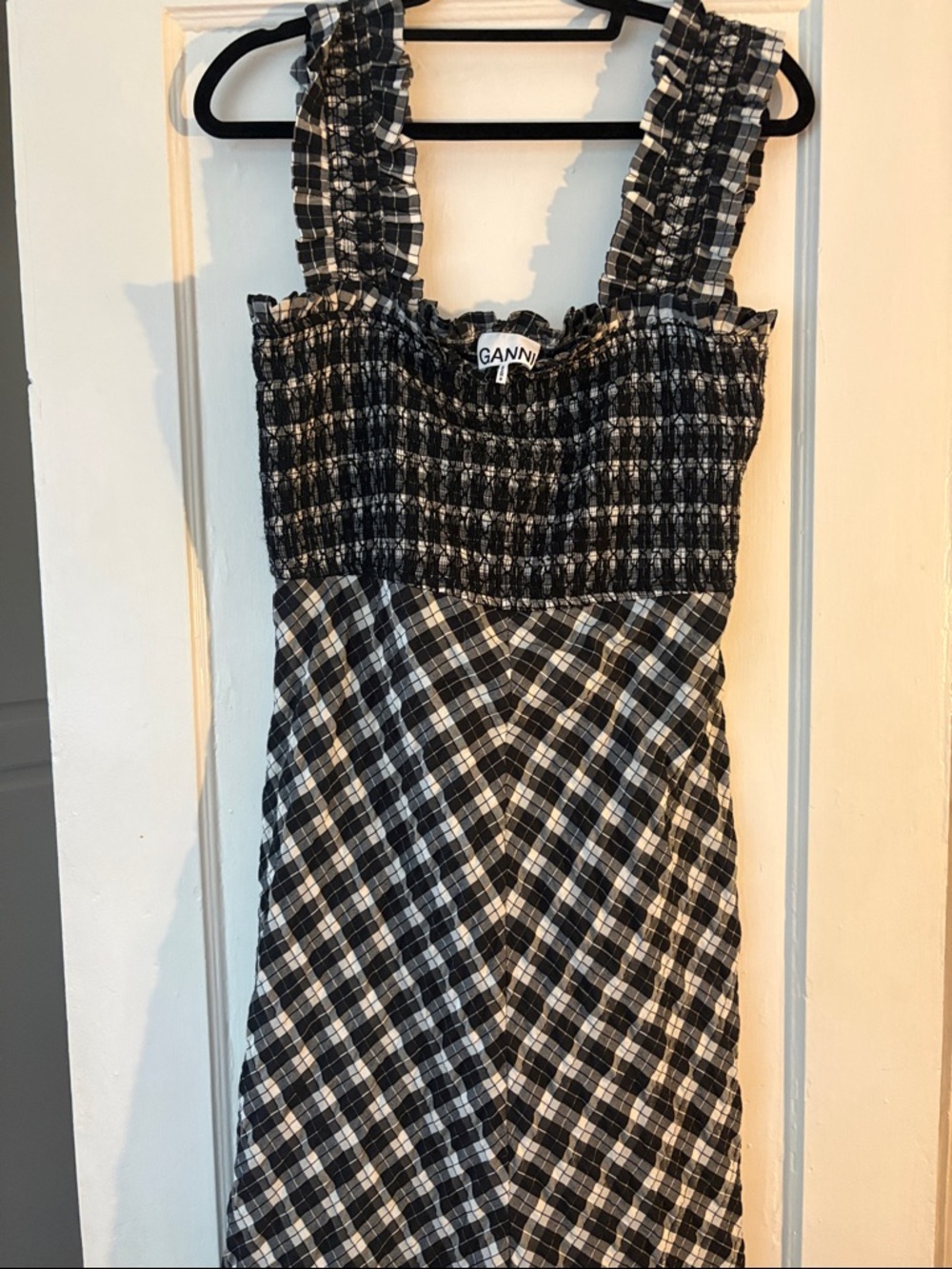 Ganni Black and White Plaid Smocked Midi Dress